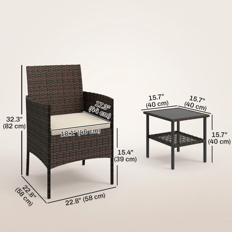 Outsunny Wicker Bistro Set, 3 Piece Patio Furniture Set with 2-Tier Glass Top Table, Cushions for Balcony, Porch, Khaki