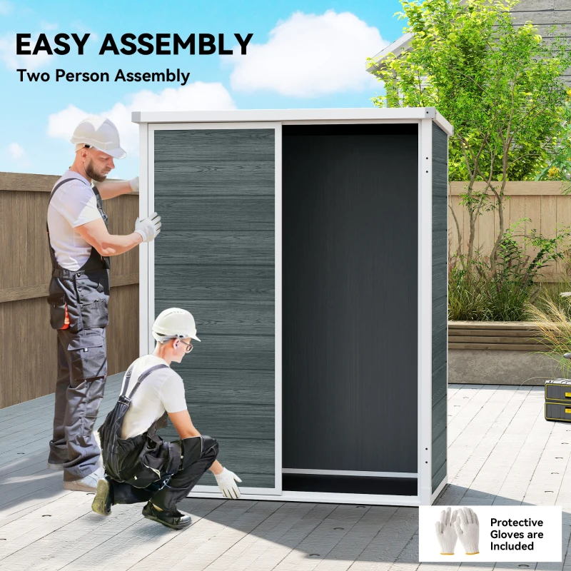 Outsunny Outdoor 4.4' x 2.3' Plastic Storage Shed with Lockable Doors and Foldable Shelves, Wood-Effect Garden Shed, Grey