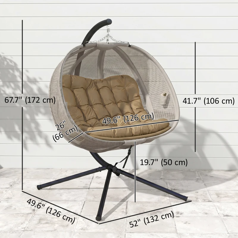 Outsunny Double Egg Chair with Stand, 2 Person Hanging Swing Egg Chair with Cushion, Pockets, Khaki