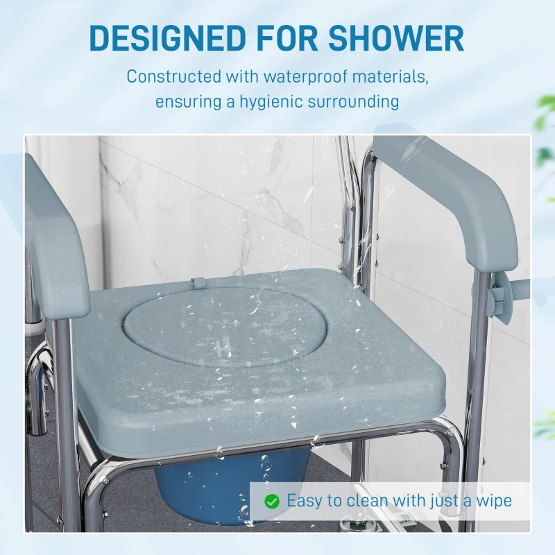 HOMCOM Rolling Shower Chair, Bedside Commode Chair with Wheels, Backrest, Arms, Flip Footrests for Seniors, Disabled, Grey