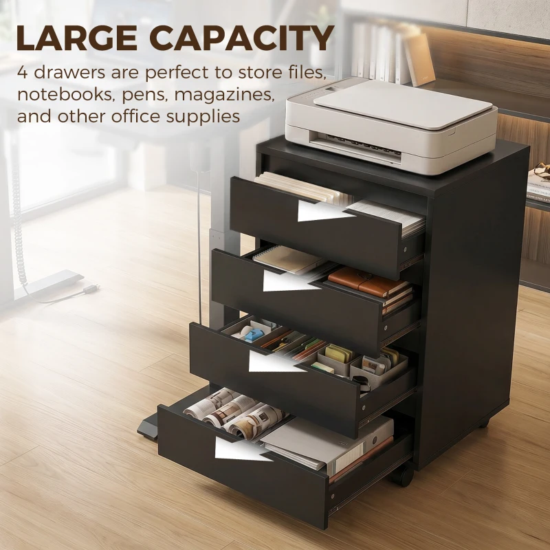 HOMCOM 4 Drawer File Cabinet, Vertical Filing Cabinet with Wheels, Modern Printer Stand for Home Office, Black