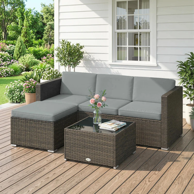 Outsunny 3 Pieces Patio Furniture Set with Cushions, Outdoor PE Rattan Wicker Conversation Corner Sofa Set with Glass Top Table