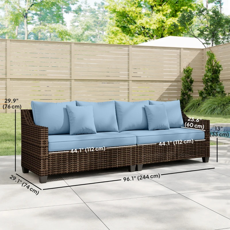 Outsunny PE Wicker Outdoor Couch Sofa, 4-Seater Modular Patio Furniture Lounge Set with 2 Loveseats, Cushions, Pillows, Blue