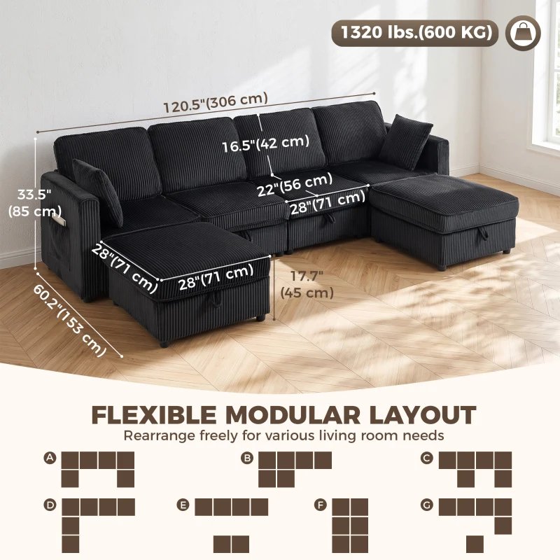 HOMCOM Modular Sofa, U-Shaped Corduroy Couch with Dual Storage Ottoman, Under-Seat Storage, 4 Pillows, Dark Grey