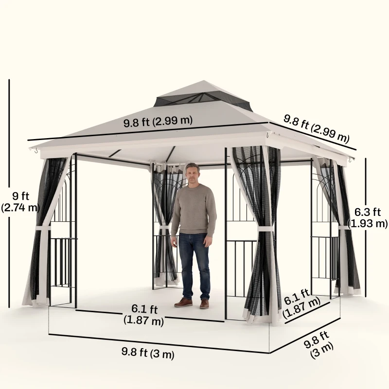 Outsunny 10'x10' Soft-top Patio Gazebo with Double Tier Roof, Mesh Curtains, Display Shelves, Top Hooks, Beige