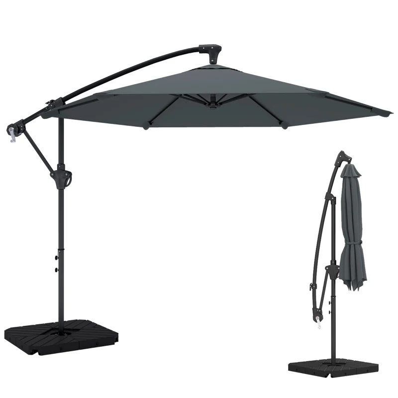 Outsunny 9.7 ft Offset Patio Umbrella with Water/Sand Fillable Weights, Garden Hanging Parasol with Locking Latch, Dark Grey