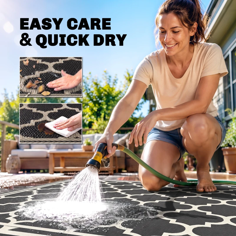 Outsunny 9'x12' Reversible Outdoor RV Rug, Patio Floor Mat, Plastic Straw Rug for Backyard, Deck, Beach, Camping, Black