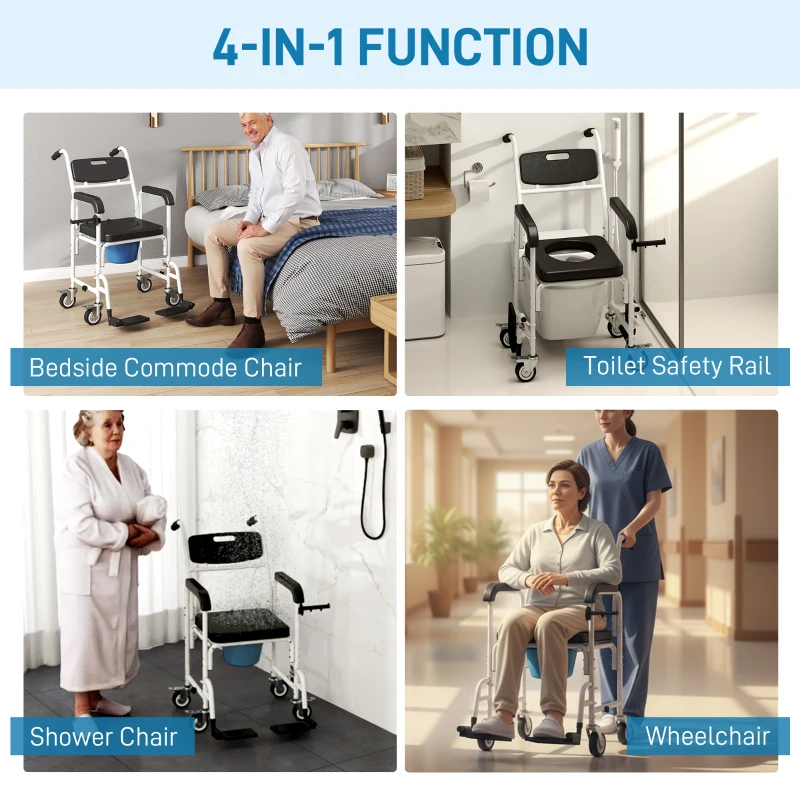 HOMCOM Rolling Shower Chair, Bedside Commode Chair with Wheels, Backrest, Arms, Flip Footrests for Seniors, Disabled, Black