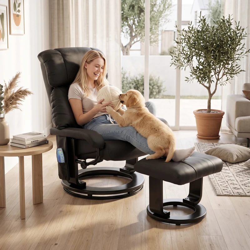 HOMCOM Massage Recliner Chair with Ottoman, 360° Swivel Recliner and Footstool, 10-Point Vibration, Black
