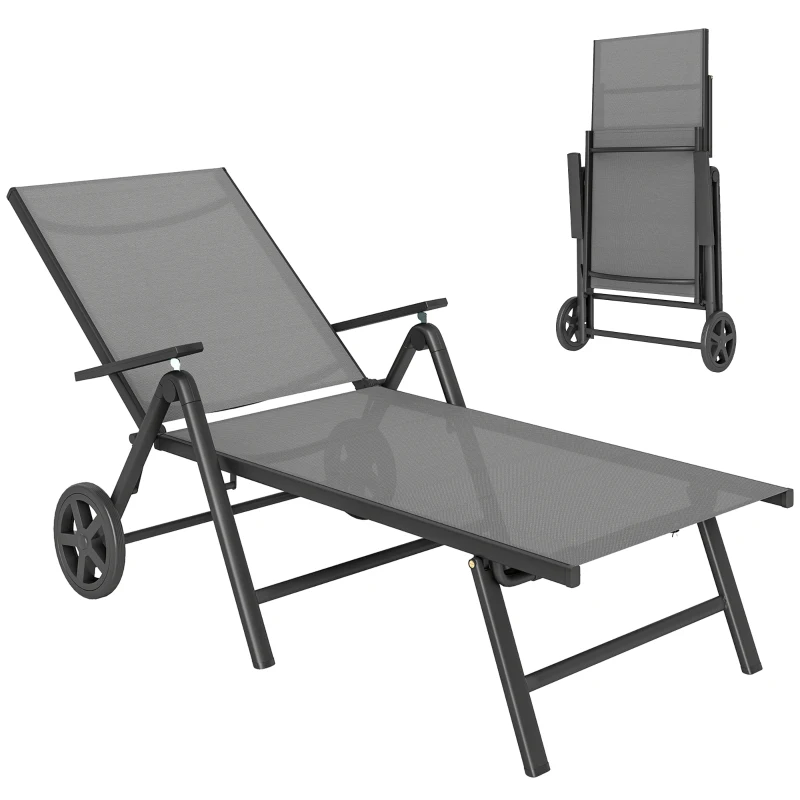 Outsunny Outdoor Lounge Chair, 5-Level Adjustable Folding Chaise Chair with 2 Wheels for Backyard, Beach, Poolside, Grey
