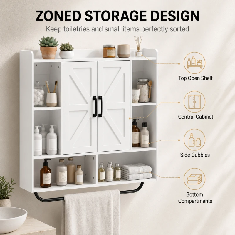 HOMCOM Bathroom Wall Cabinet, Medicine Cabinet Wall Mounted with Open and Hidden Storage Space for Bathroom, White