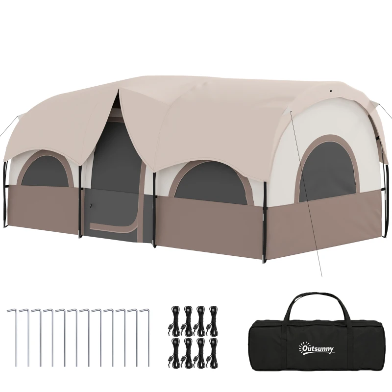Outsunny 4 Person Camping Tent, 3 Room Cabin Tent, 3000mm Waterproof and UPF30+ with Sewn in Groundsheet and Carry Bag, Khaki