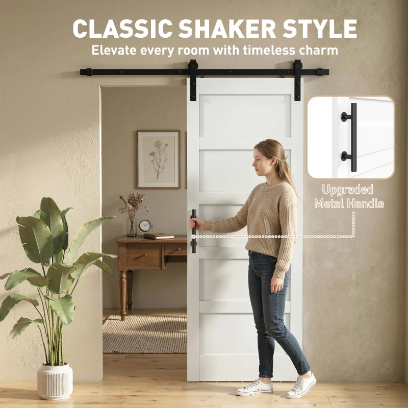HOMCOM 32"x84" Sliding Barn Door with Hardware Kit, Shaker Style Sliding Door with Handle, Track, Floor Guide, White Wood Grain