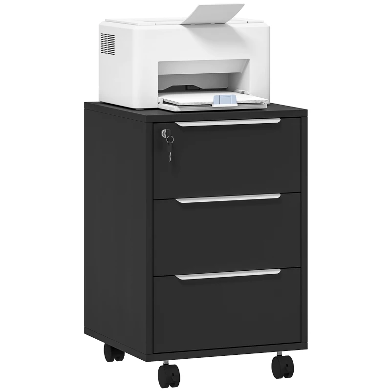 HOMCOM 3 Drawer File Cabinet with Wheels, Vertical Filing Cabinet with Lock, Black