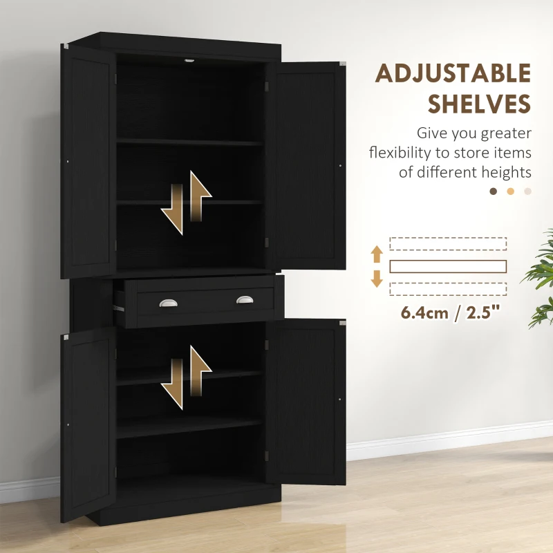 HOMCOM 72" Tall Pantry Cabinet, Kitchen Storage Cabinet with 4 Doors, Drawer and 2 Adjustable Shelves, Black Wood Grain