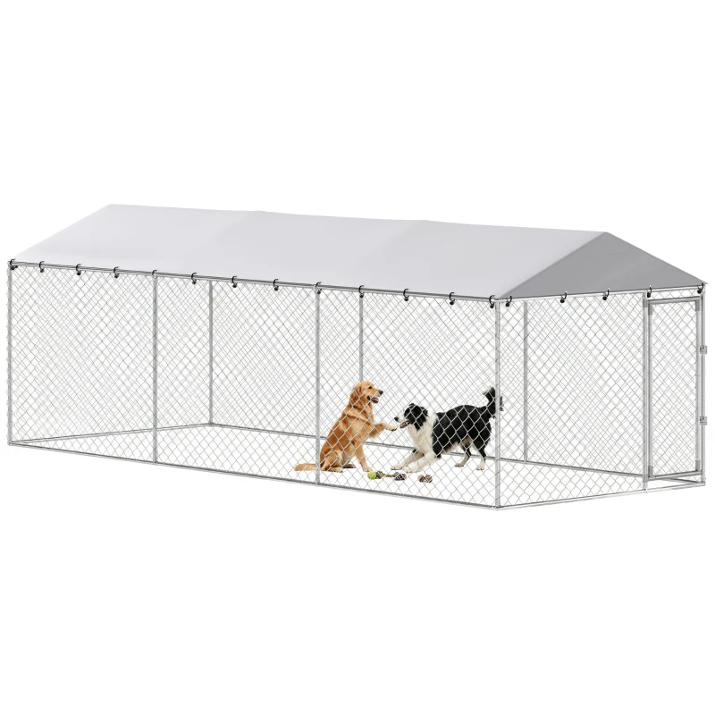 PawHut 19.7' x 7.5' x 6.6' Dog Kennel Outdoor for Small Medium Large Dogs with Waterproof Cover, Silver
