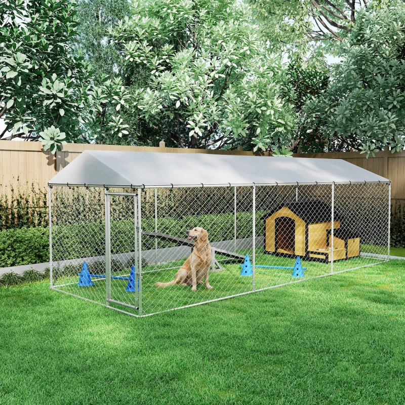 PawHut 19.7' x 7.5' x 6.6' Dog Kennel Outdoor for Small Medium Large Dogs with Waterproof Cover, Silver