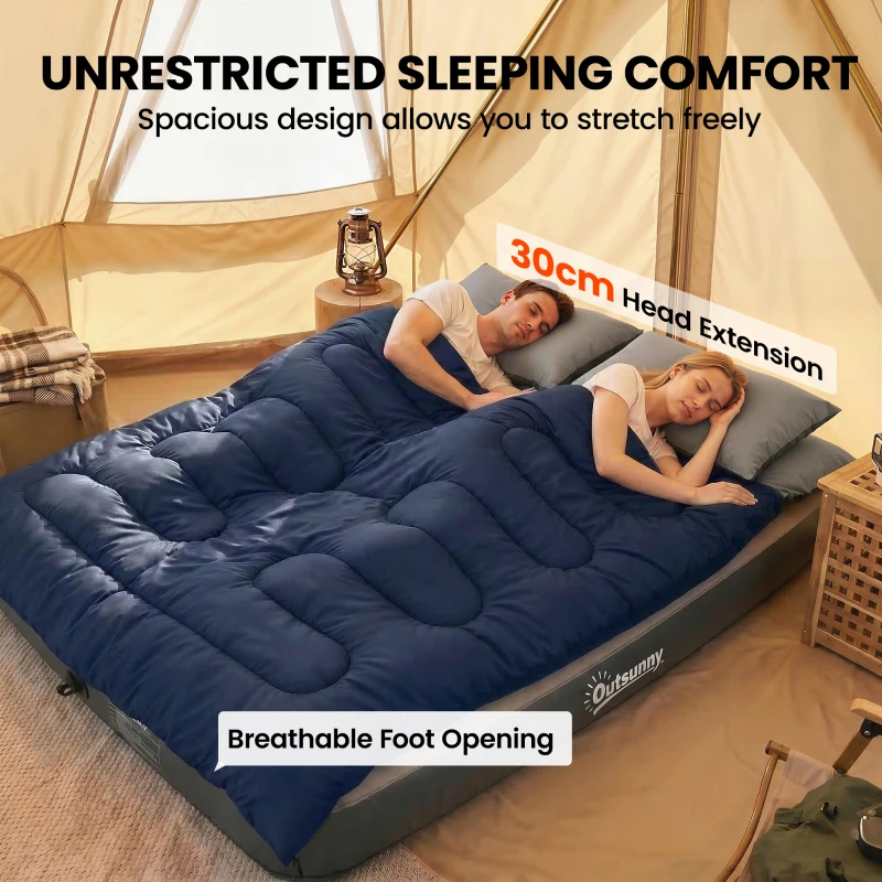 Outsunny Double Sleeping Bag for Adults, Queen Size 2 Person Sleeping Bag with 2 Pillows, for Cold Weather & Warm, Blue