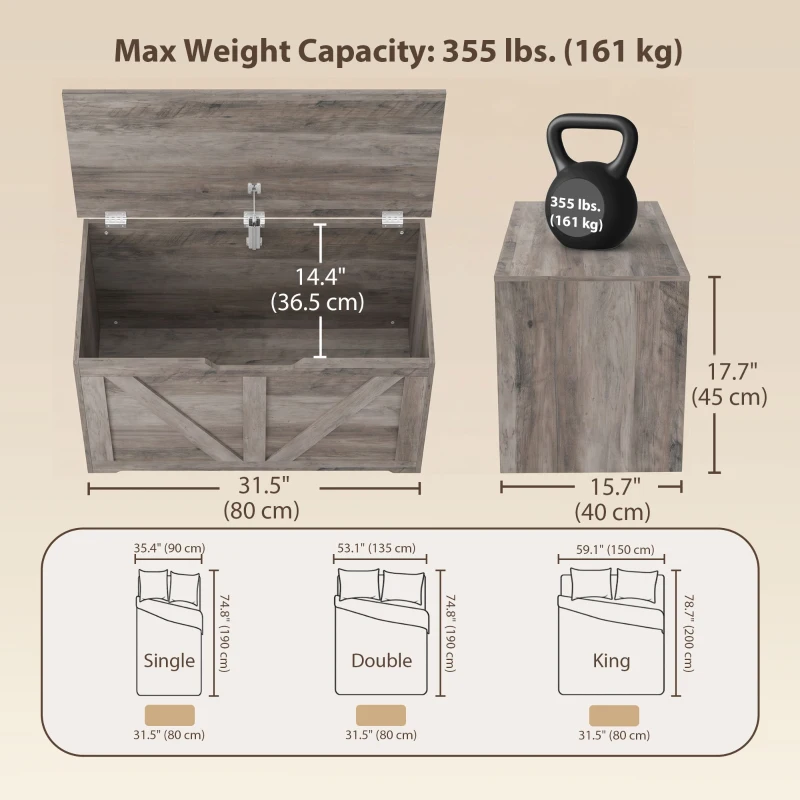 HOMCOM 31.5 Inches Storage Chest, Storage Trunk with Safety Hinge for Living Room, Grey Wood Grain
