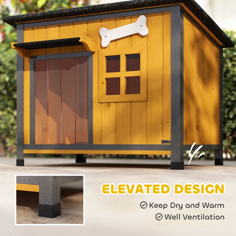 PawHut Outdoor Dog House with Anti-Chewing Steel Frame, Openable Roof, Removable Floor, Door Curtain, Yellow