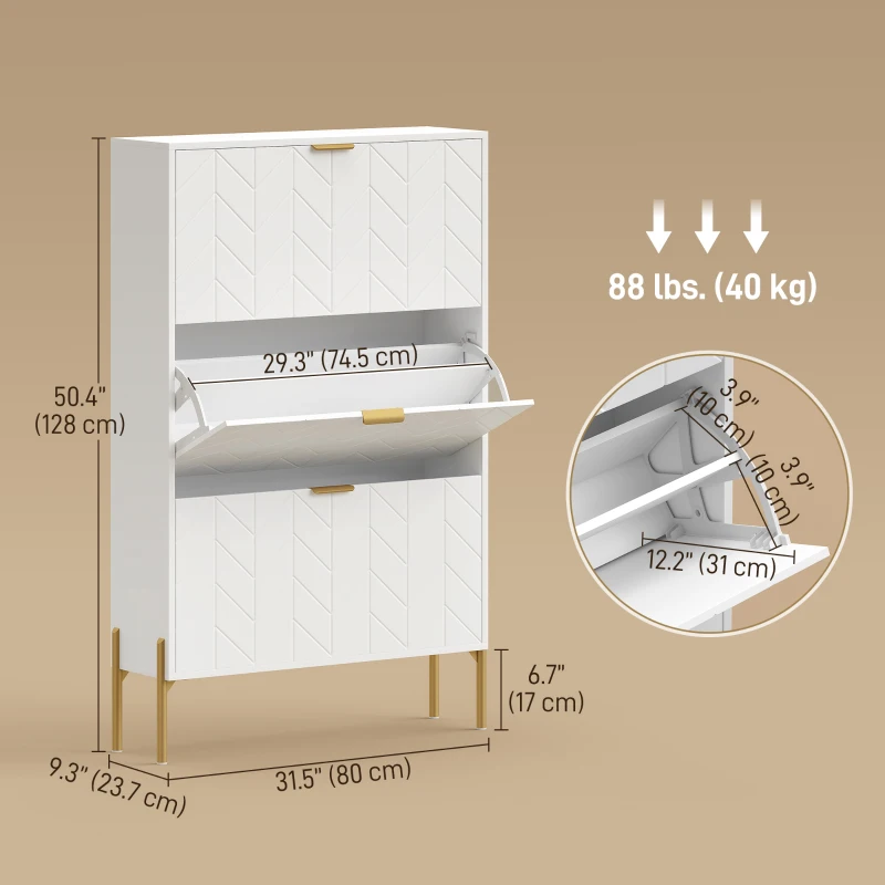 HOMCOM Shoe Cabinet with 3 Flip Drawers, Modern Narrow Shoe Storage Cabinet with Adjustable Shelves, White