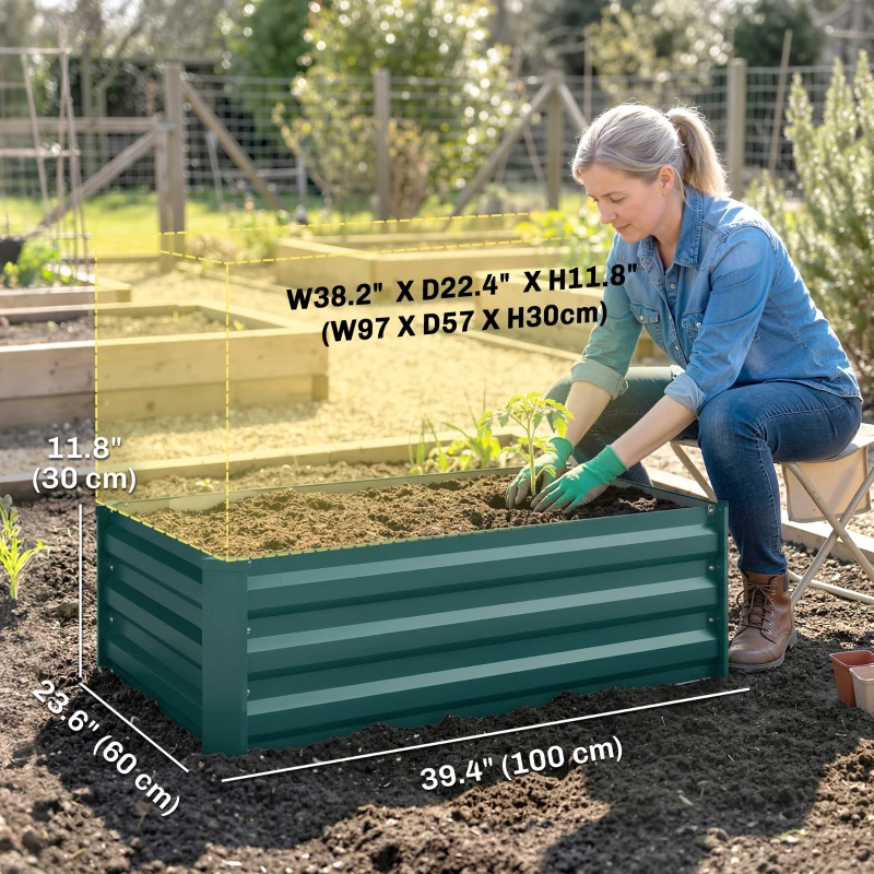 Outsunny Set of 2 Galvanized Raised Beds for Garden, Outdoor Planter Box for Flowers, Herbs and Vegetables, Green