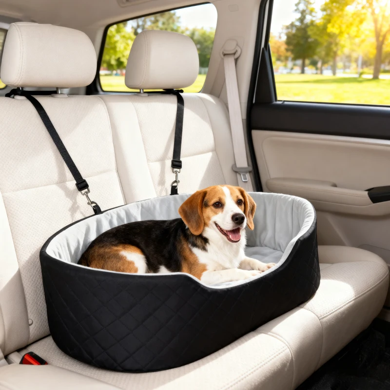 PawHut Dog Car Seat for Small Medium Pets, Detachable Washable Pet Bed with Cushion and Safety Belt for Dog Under 33lbs, Black