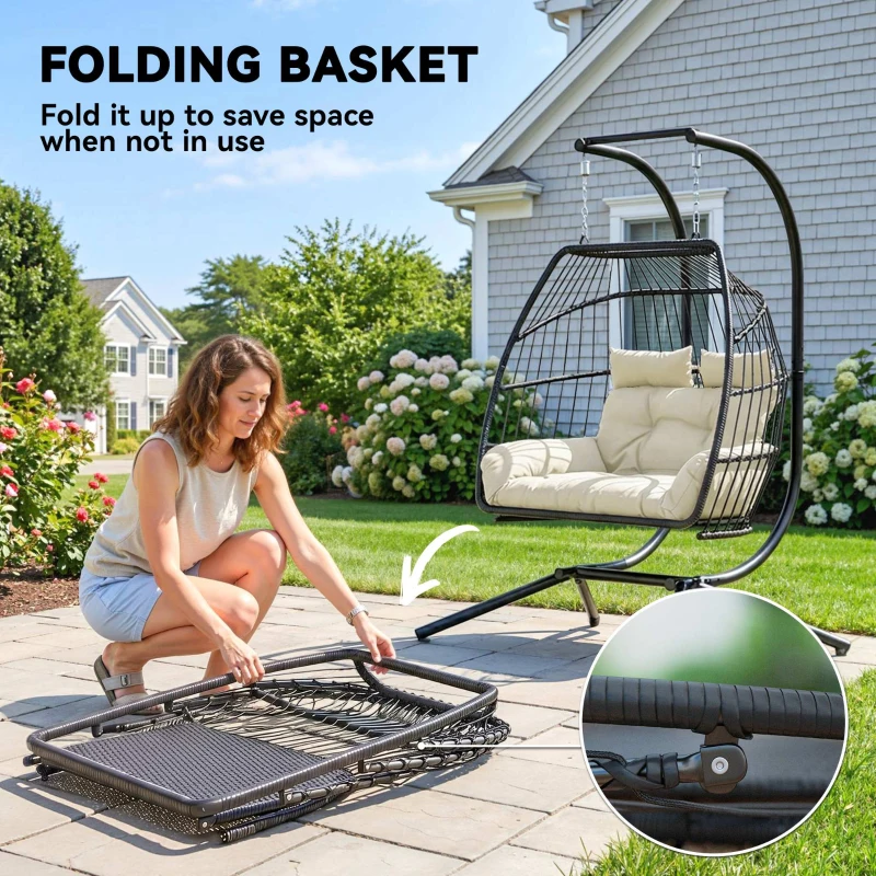 Outsunny Double Wicker Egg Swing Chair with Stand, Foldable Hanging Egg Chair with UV Resistant Cushion, Headrest, Cream White