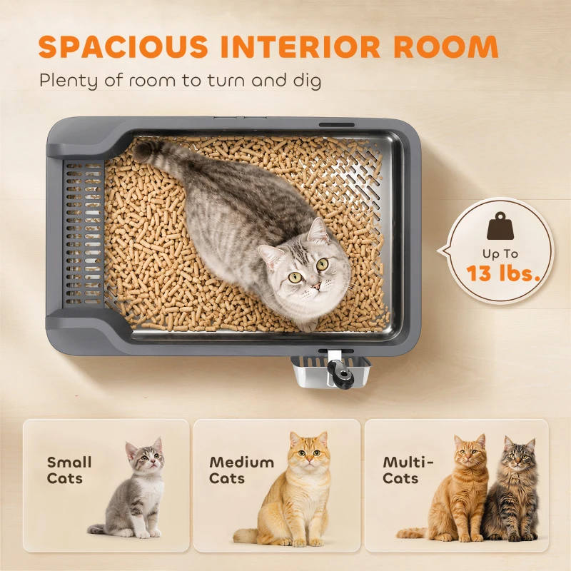 PawHut Stainless Steel Sifting Litter Box for Pine Pellets, Large Metal Litter Box with Sifter Tray, Metal Scoop, 10 Pee Pads