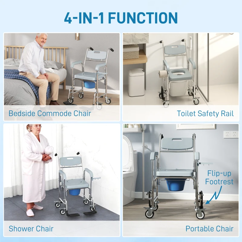 HOMCOM Rolling Shower Chair, Bedside Commode Chair with Wheels, Backrest, Arms, Flip Footrests for Seniors, Disabled, Grey