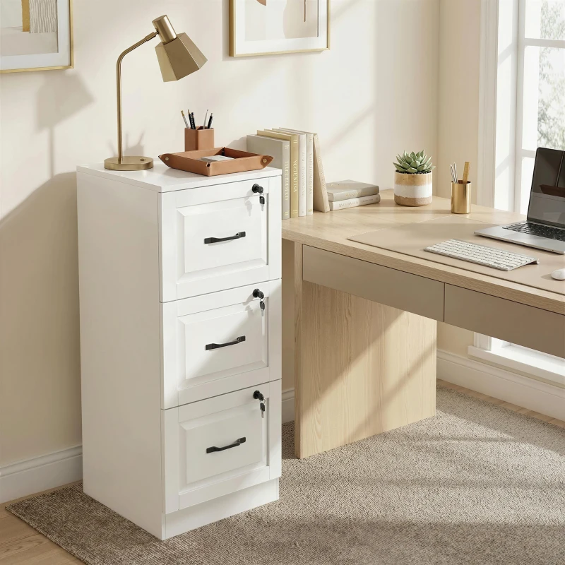 HOMCOM 3 Drawer File Cabinet with Lock, Vertical Filing Cabinet with Adjustable Hanging Bars for A4 and Letter Size, White