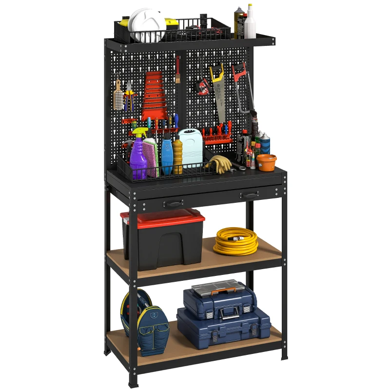 HOMCOM Work Bench with Pegboard, 31.5" Heavy Duty Metal Workbench with Hanging Kits, 2 Lower Shelves and Large Drawer, Black