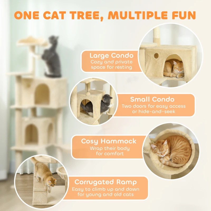 PawHut 63 Inch Cat Tree with Sisal Scratching Posts, Condos, Plush Perches, Hammock, Ladder, Dangling Balls, Beige