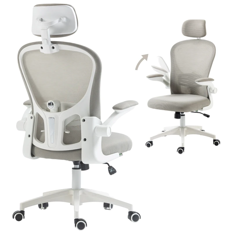 Vinsetto Office Chair, Mesh Computer Desk Chair with Adjustable Headrest, 4D Lumbar Support, Flip-up Arm, Grey