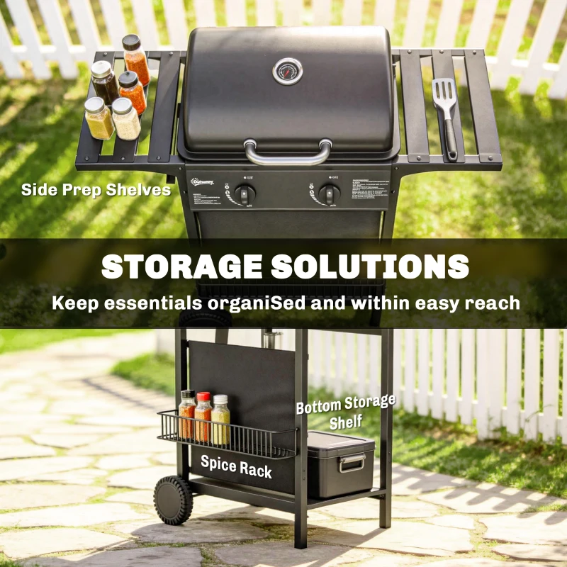 Outsunny 2 Burner Propane Gas Grill, 18000 BTU BBQ Grill with Wheels, Warming Rack, Shelf, Thermometer, Grease Cup, Black