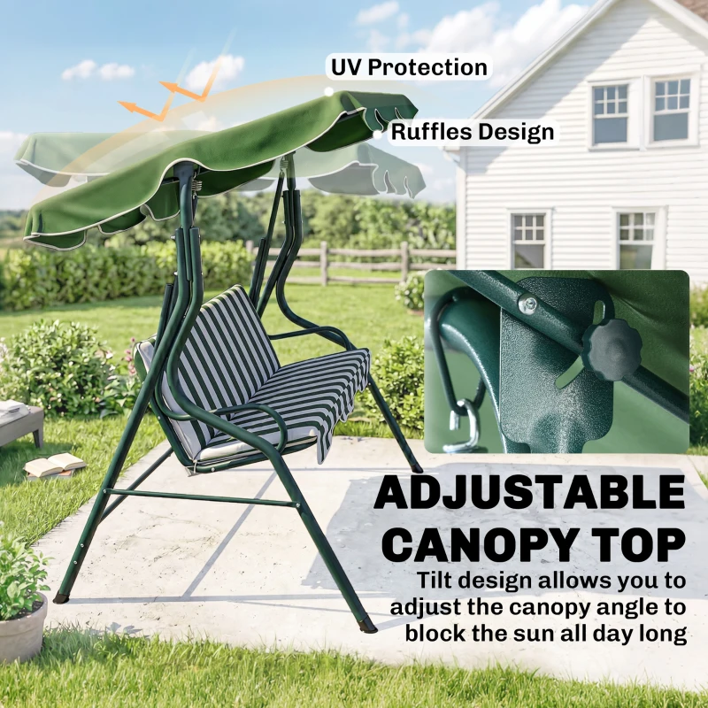 Outsunny Outdoor Porch Swing with Adjustable Canopy, 3-Seater Patio Swing Chair with Cushion, Green