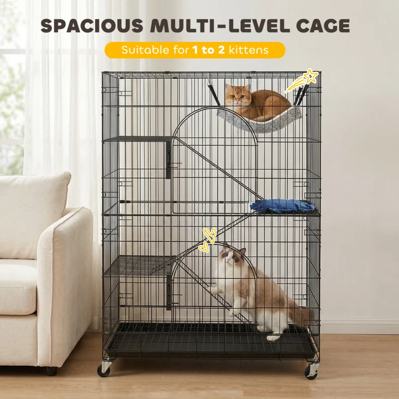 PawHut 4-Tier Cat Cage, Large Cat Enclosure with Lockable Wheels, Tray, Hammock, Bed, 3 Ramp, 3 Platforms for 3-5 Kittens