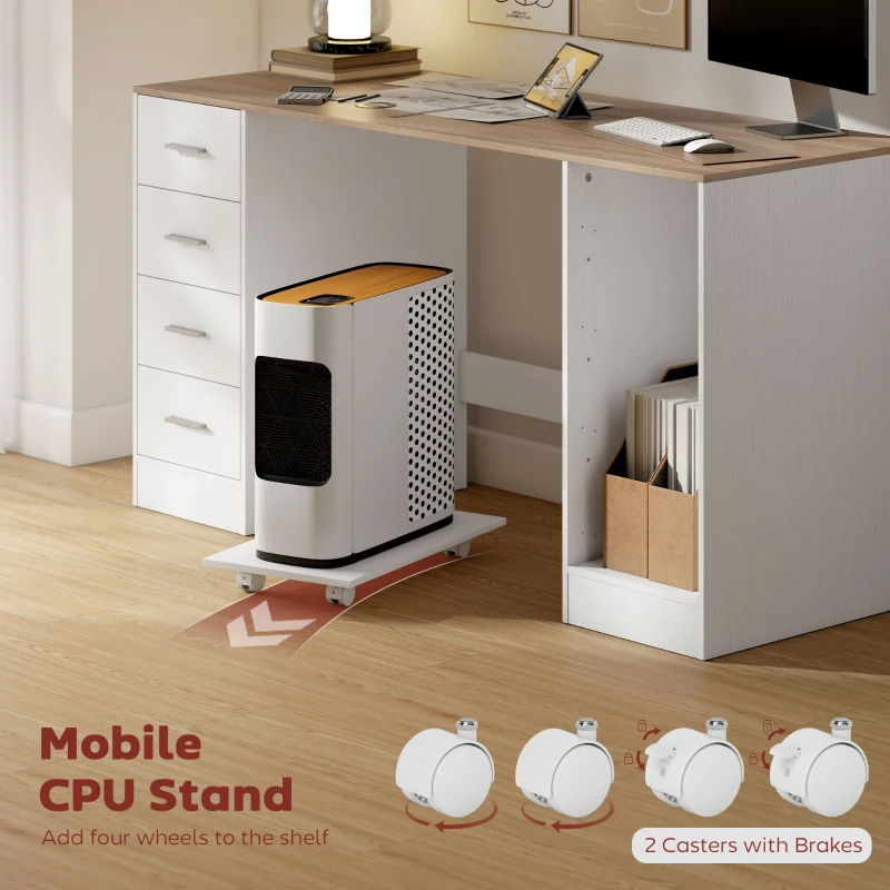 HOMCOM Office Desk, 55" Computer Desk with 4 Reversible Drawers, Mobile PC Stand, Adjustable Shelf, White Wood Grain