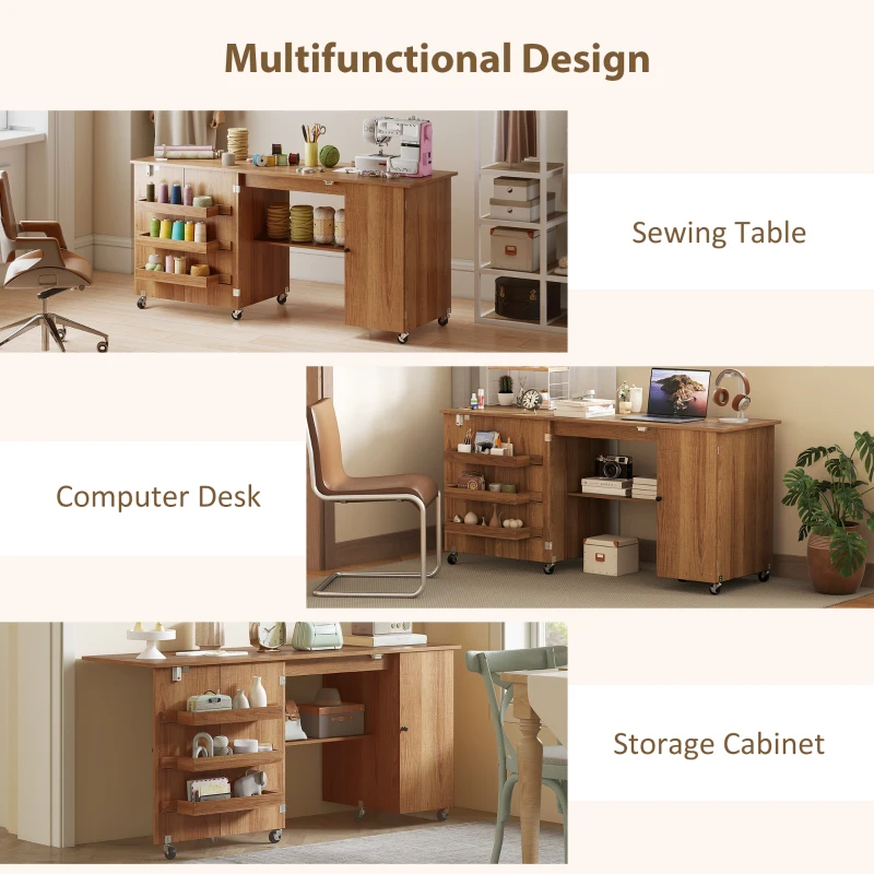 HOMCOM Sewing Machine Table with Drop Leaf, Folding Craft Table with 2 Doors and Adjustable Shelf for Small Spaces, Brown