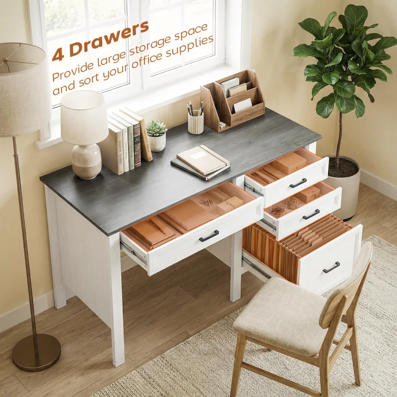 HOMCOM 54" Farmhouse Executive Desk, Computer Desk with Drawers, Adjustable Hanging Rails for for A4/Letter Size Files, White