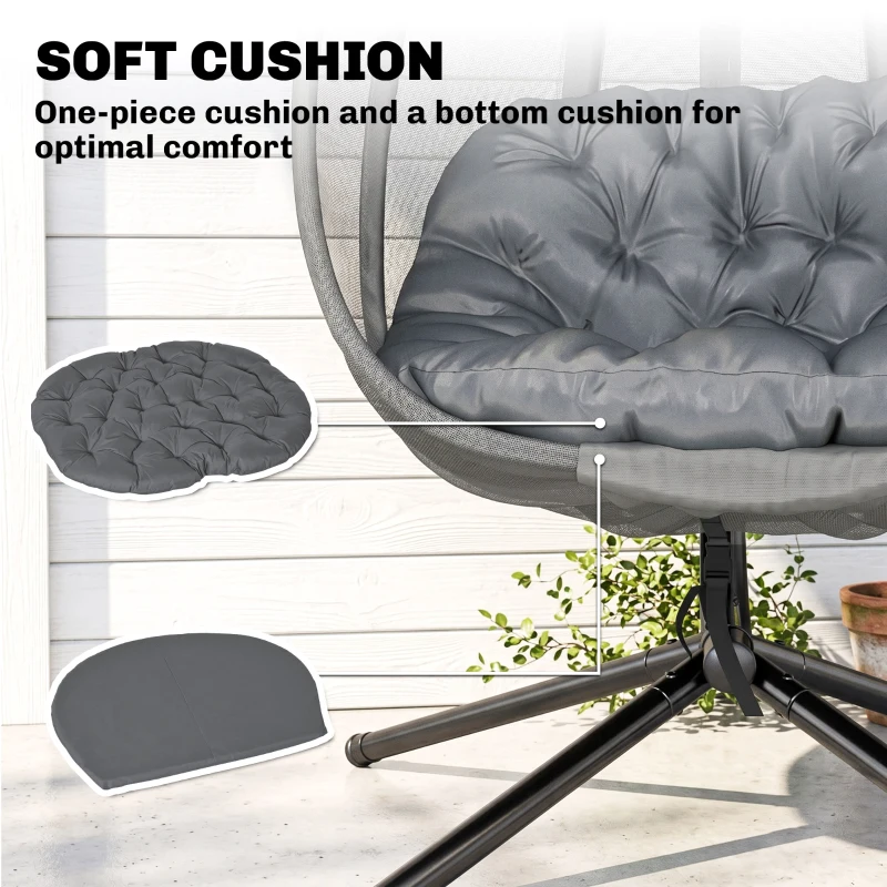 Outsunny Hanging Egg Chair, Outdoor Indoor Swing Chair with Stand, Folding Basket and Thickened Cushion, Grey