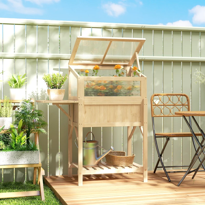 Outsunny Raised Garden Bed Planter with Cold Frame, Wooden Elevated Planter Box with Folding Side Table and Shelf, Natural Wood