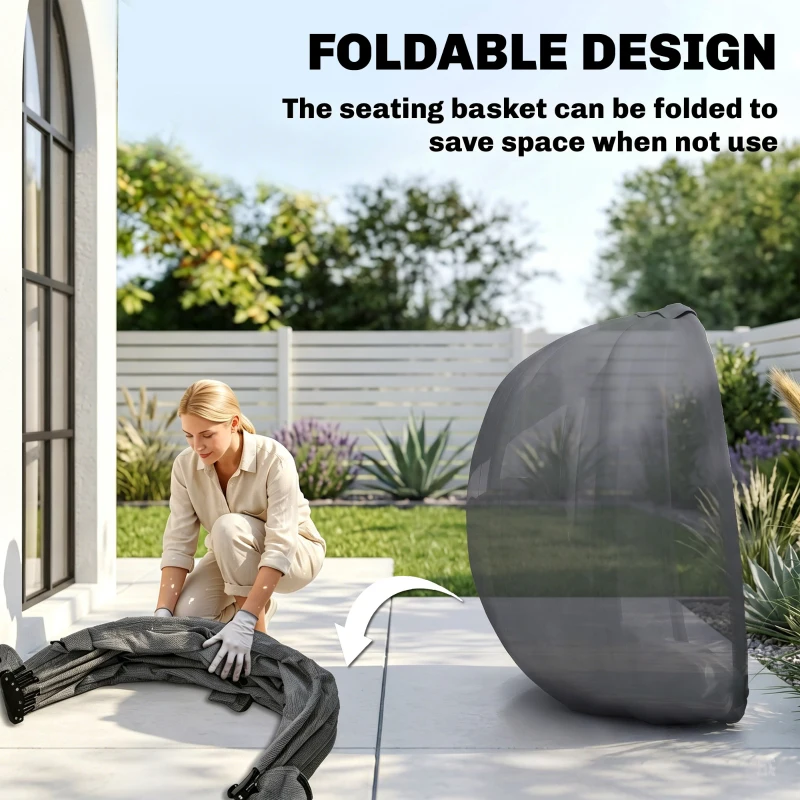 Outsunny Hanging Egg Chair, Outdoor Indoor Swing Chair with Stand, Folding Basket and Thickened Cushion, Grey