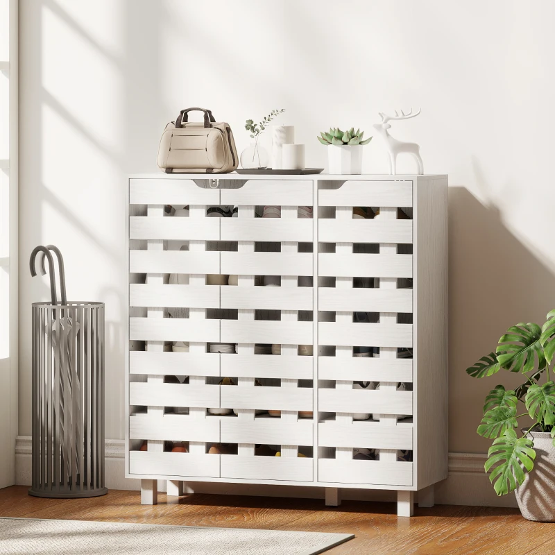 HOMCOM Shoe Cabinet, 17-20 Pairs Shoe Storage Cabinet with Hollowed-Out Doors, White