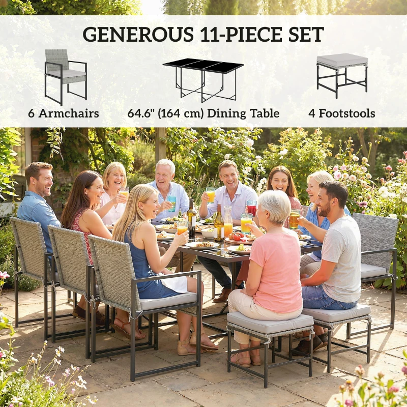 Outsunny 11 Pieces Wicker Patio Dining Set, Rattan Outdoor Furniture Set with 6 Armchairs, 4 Stools, Light Grey