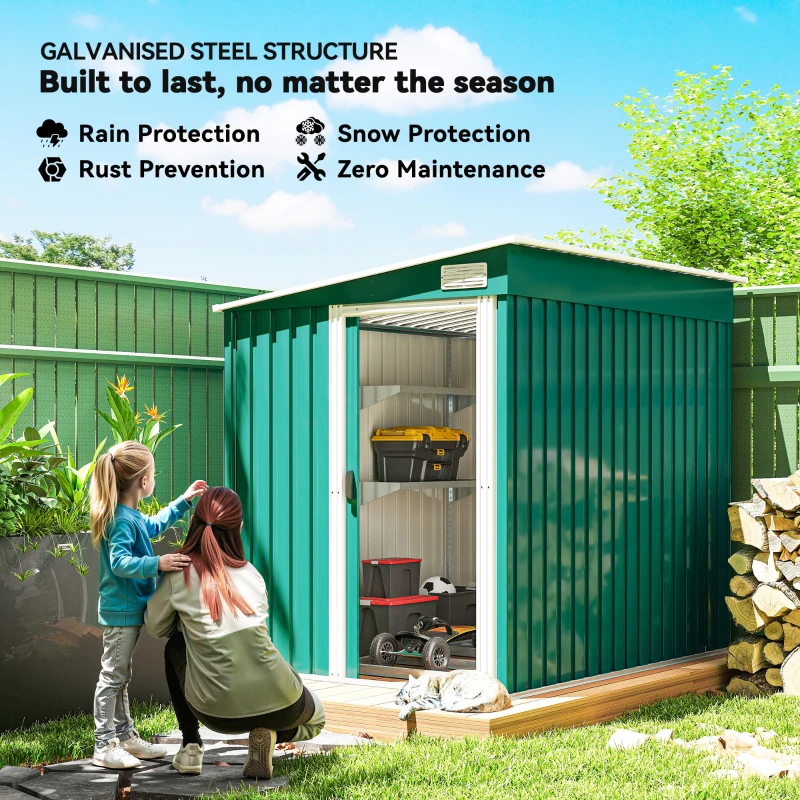 Outsunny 5'x7' Lean-to Galvanized Metal Shed with Foundation, Garden Tool Storage House with Sliding Door and 2 Vents, Green