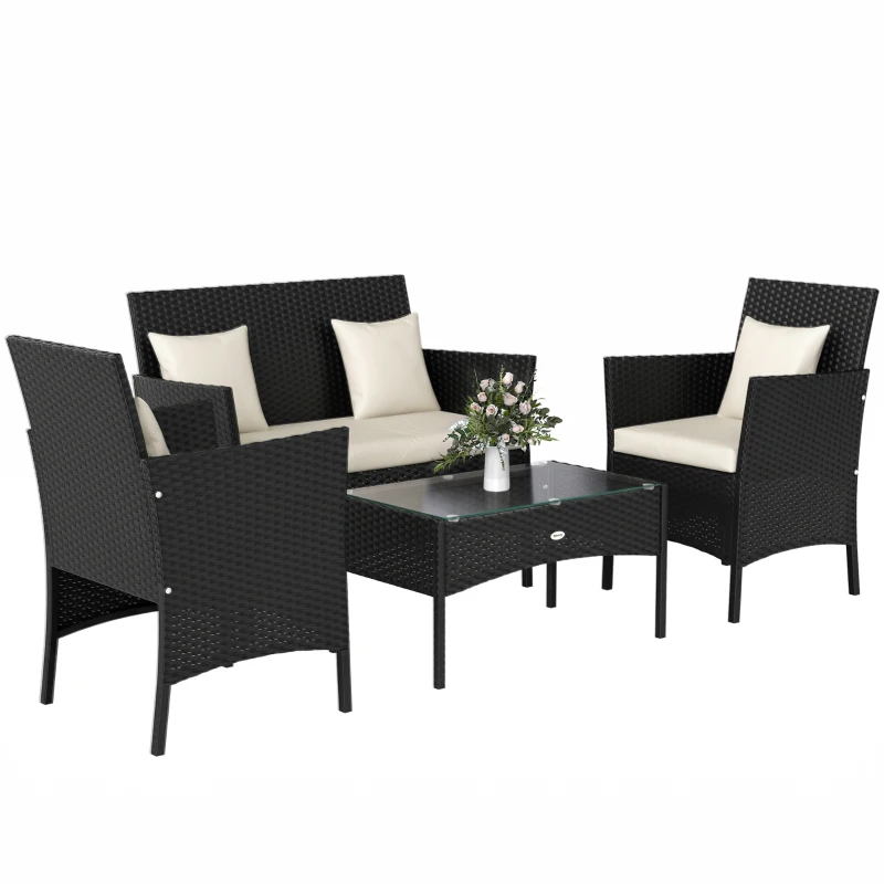 Outsunny 4-Piece Rattan Outdoor Furniture Set Patio Furniture Set with Coffee Table 22.8" W x 21.7" D x 33.5" H Black & Cream