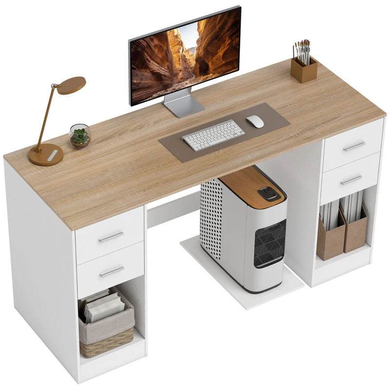 HOMCOM Office Desk, 55" Computer Desk with 4 Reversible Drawers, Mobile PC Stand, Adjustable Shelf, White Wood Grain