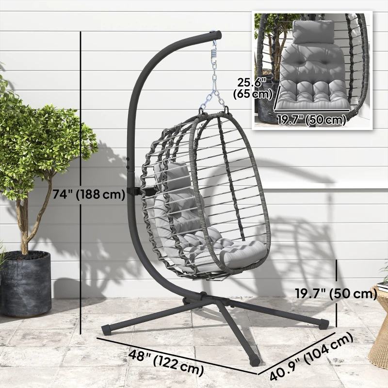 Outsunny Hanging Egg Chair with Stand, Foldable Wicker Rattan Swing Chair with Thick Cushion, Headrest, Light Grey