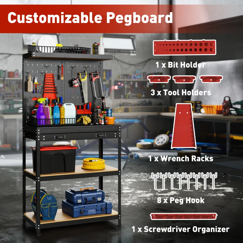 HOMCOM Work Bench with Pegboard, 31.5" Heavy Duty Metal Workbench with Hanging Kits, 2 Lower Shelves and Large Drawer, Black